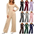 thumbnail image 1 of Bovxnpu Women's Casual Loose Overalls Jumpsuits One Piece Rompers Squared Neck Long Sleeve Ruched Waist Wide Leg Pants Loungewear, 1 of 7