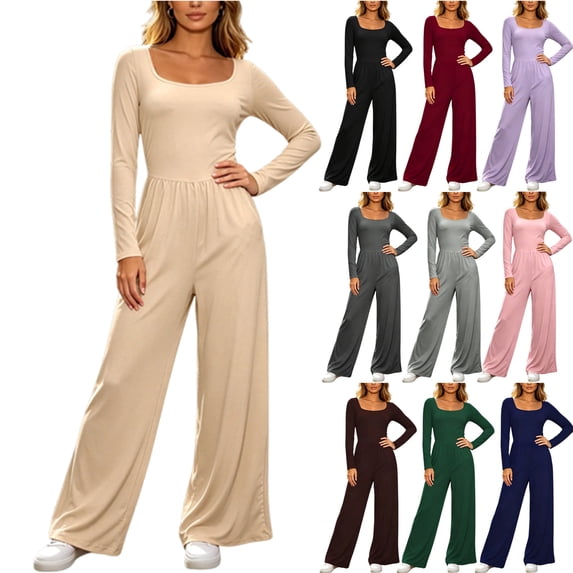 Bovxnpu Women's Casual Loose Overalls Jumpsuits One Piece Rompers Squared Neck Long Sleeve Ruched Waist Wide Leg Pants Loungewear