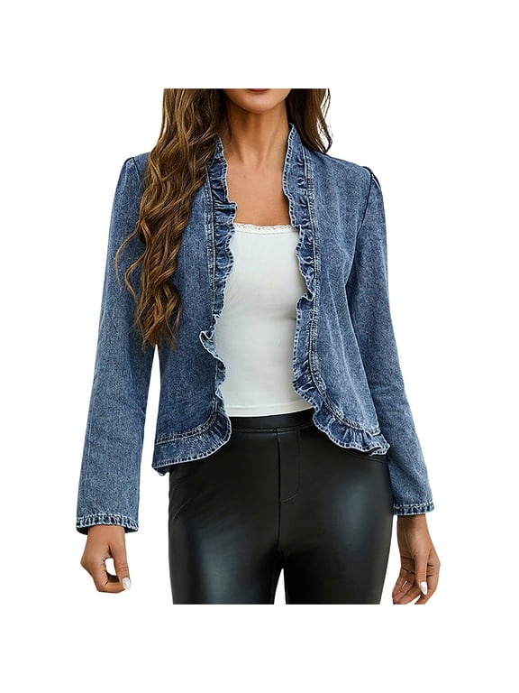 Women's Cropped Denim Jacket Short Jean Jacket Trucker Coat Women's Vintage Denim Long Sleeve Western Jacket Tops