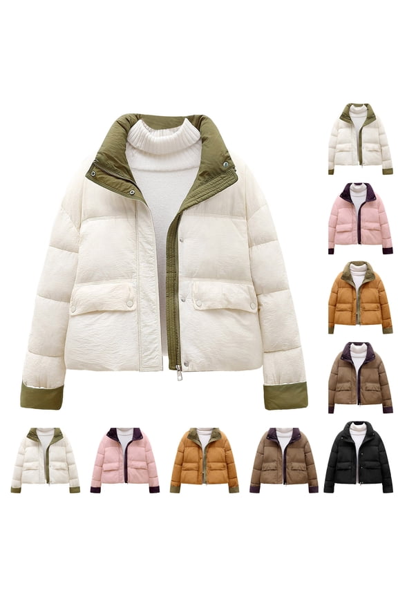 Women's Cropped Down Jackets Lightweight Long-Sleeve Puffer Jacket Women's Casual Winter Short Padded Collared Long Sleeve Cotton Coat Outerwear Fashion