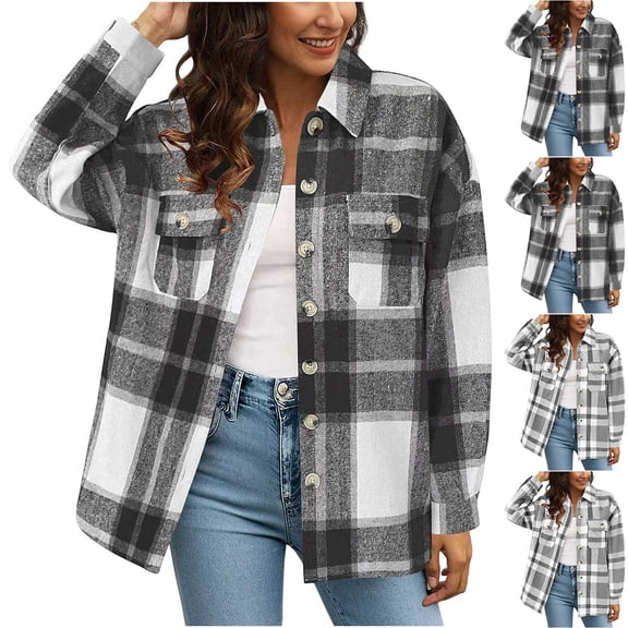 Bovxnpu Women's Fall Clothes Plaid Shacket Jacket Long Sleeve Button Down Flannel Shirts Fashion Jacket Women's Outerwear Long Sleeve Open Front Loose Outerwear Plaid Shirt Jacket