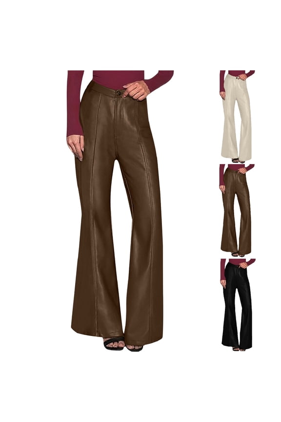 Women's Faux Leather Pants High Waisted Flared Leg Pants for Women Womens Flared Pants With Pockets Stretchy Pull On Casual Trousers Soft Comfy