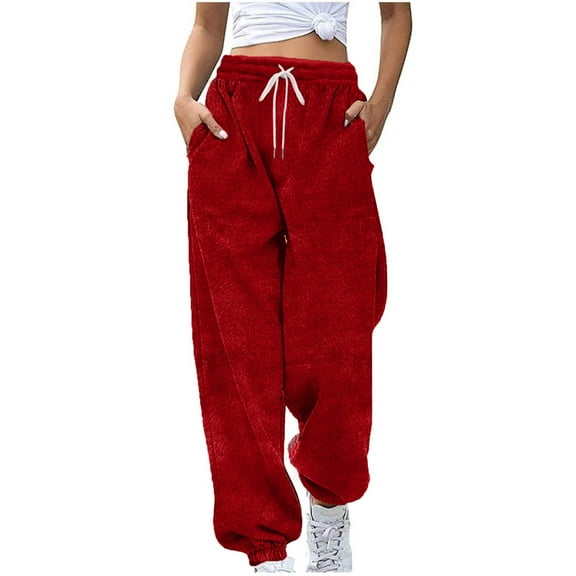 Bovxnpu Women's Fleece Joggers Sweatpants Womens Sweatpants Fleece Cuffed Ankle Drawstring Waist With Pockets Stretchy Pull On Casual Trousers Casual Soft Fabric Soft Comfy