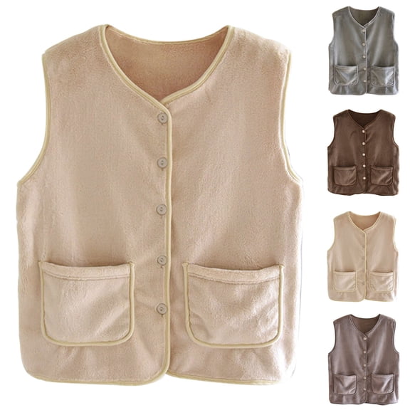 Bovxnpu Women's Fleece Vest Home Clothes Warm Sleeveless Jacket Lightweight Coats with Pockets Fall Outerwear Women's Winter Solid Color Fleece Lined Button Front Sleeveless Vest Warm Homewear