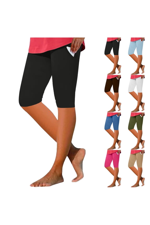 Women's Knee Length Capris Leggings Yoga Workout Capris Pants Ladies' High Waisted Summer Slim Base Five Quarter Waist Belt Pocket