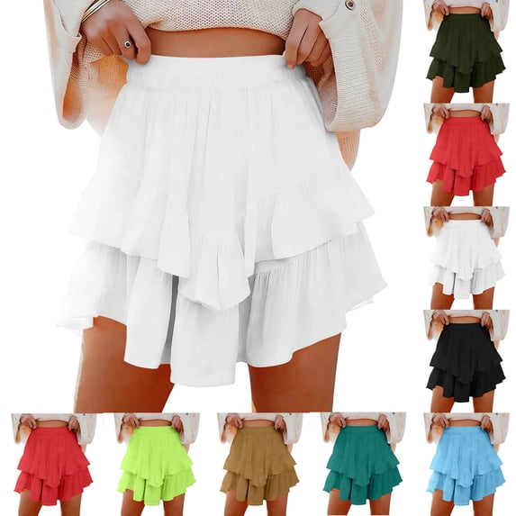 Bovxnpu Women's Mini Skirt Casual High Waisted Boho Flowy Ruffle Layered Mini Skirts