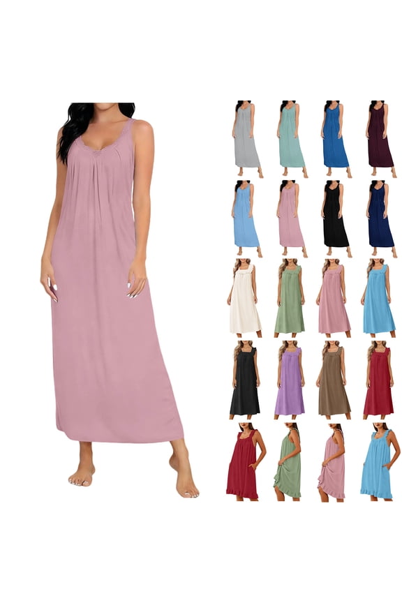 Women's Nightgown Sleeveless Sleepshirt Long Maxi Pajama Dress Nightshirt Cotton V-Neck Soft Lace Loose Nightgown Sleepwear
