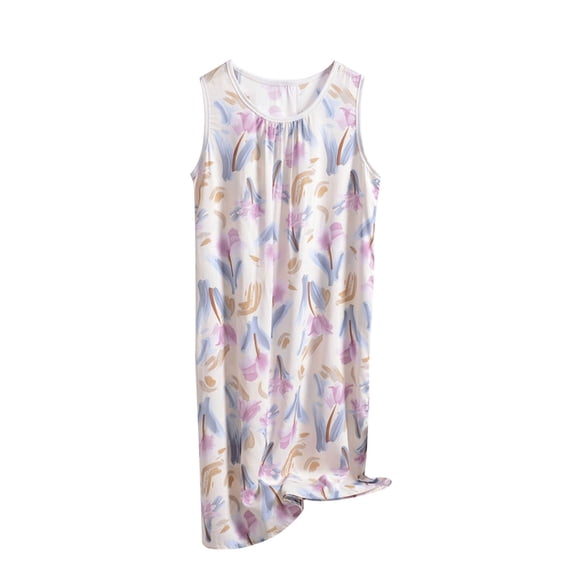 Bovxnpu Women's Nightgown Sleeveless Sleepshirt Pajama Dress Nightshirt Print Crew Neck Plus Size Casual Stylish Full-Length Sleepwear
