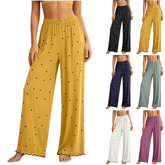 Bovxnpu Women's Pajama Pants Sleep Lounge Pants Summer Thin Cotton Star Print Loose Ruffle Elastic Waist Wide Leg Loungewear Pants