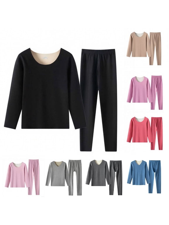 Women's Pajama Set 2 Piece Lounge Set, Pajamas for Women Set Thermal Underwear V Neck Long Sleeve Bottoming Shirt with Thickened Fleece Pants Sleepwear Loungewear