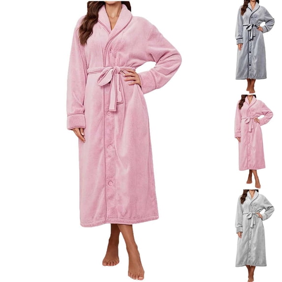 Bovxnpu Women's Robes Long Sleeve Fleece Robe Button Down Pocket Sleepwear
