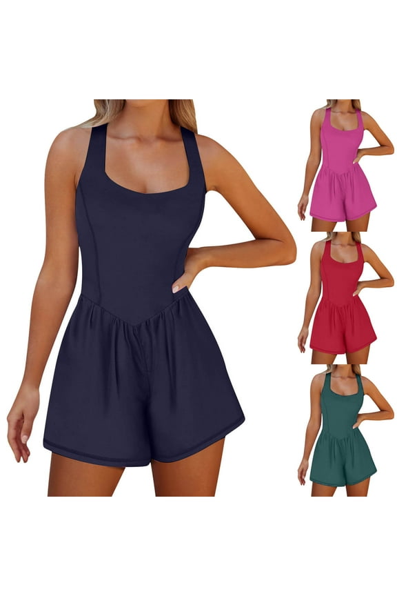 Women's Rompers Workout Jumpsuit Sleeveless Loose Shorts Jumpsuit Beach Vacation Clothes Women's Workout Romper Running Onesie Short Athletic Jumpsuits Casual Summer Outfits Gym Yoga Clothes