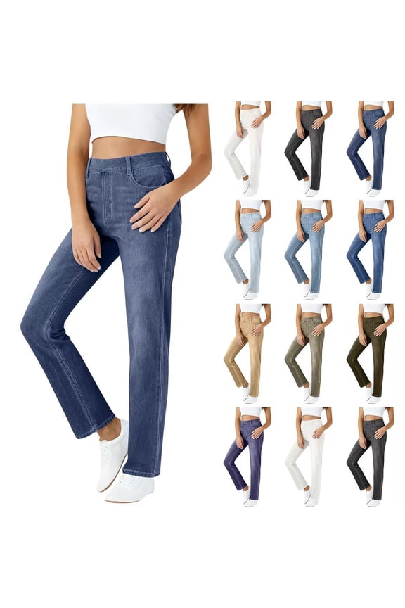 Women's Straight Leg Jeans Strechy Denim Pants Womens Casual Pants Elastic Waist With Pockets Pull On Casual Trousers Soft Comfy