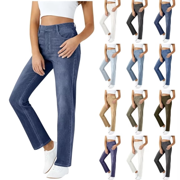 Bovxnpu Women's Straight Leg Jeans Strechy Denim Pants Womens Casual Pants Elastic Waist With Pockets Pull On Casual Trousers Soft Comfy
