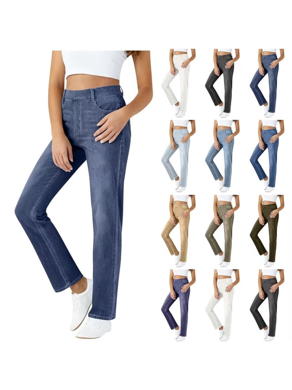 Women's Straight Leg Jeans Strechy Denim Pants Womens Casual Pants Elastic Waist With Pockets Pull On Casual Trousers Soft Comfy