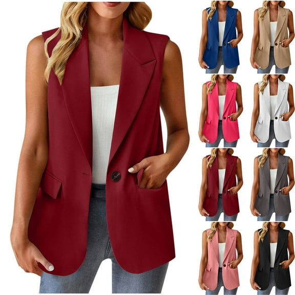 Bovxnpu Women's Summer Sleeveless Vest Tops, Lightweight Fashion Casual Work Office Blazers with Pockets, Women's Fashion Solid Color Button Pocket Suit Coat Sleeveless Casual Coat/Jacket S