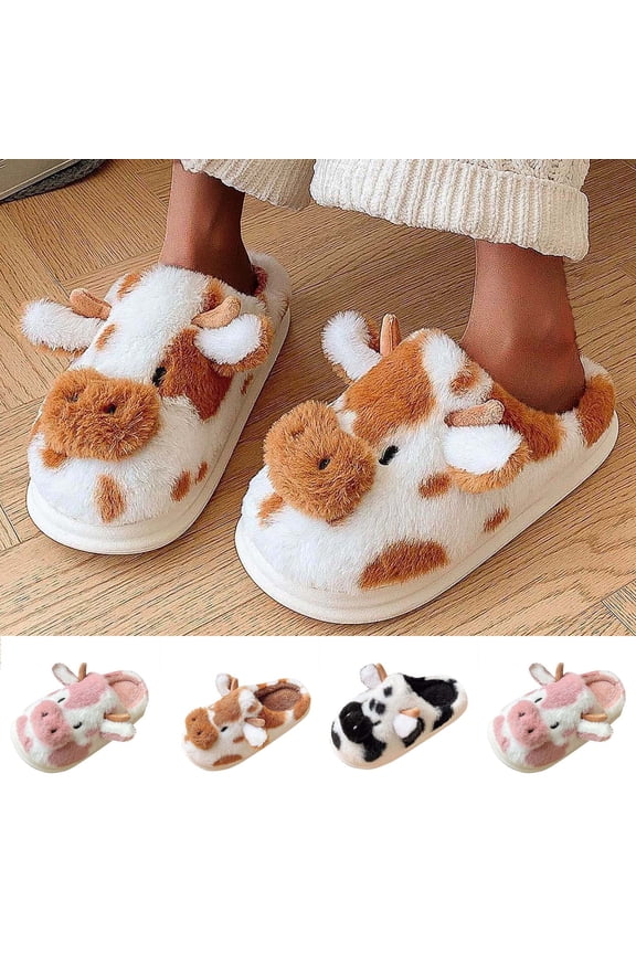 Women's Warm Fuzzy Slippers Winter House Shoes, Unisex Fall And Winter Cow Trend Thick-Soled Sandals Comfy Soft Lightweight Indoor House Shoes