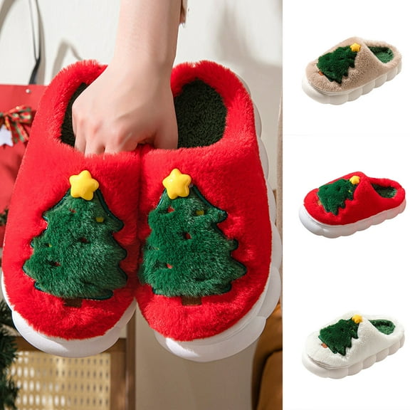 Bovxnpu Women's Warm Fuzzy Slippers Winter House Shoes, Women Casual Winter Outerwear Christmas Trees Home And Winter Slippers Comfy Soft Lightweight Indoor House Shoes