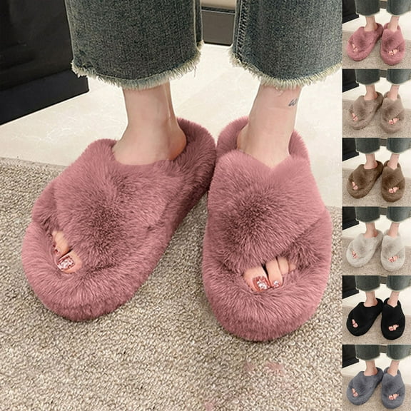 Bovxnpu Women's Warm Fuzzy Slippers Winter House Shoes, Women's Fall And Winter Thick-Soled Sandals Comfy Soft Lightweight Indoor House Shoes