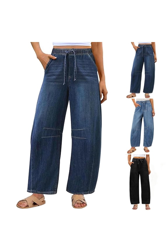 Women's Wide Leg Jeans High Waisted Strechy Denim Pants Casual Pants Womens Loose Drawstring Waist With Pockets Pull On Casual Trousers Soft Comfy