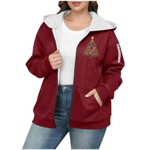 Bovxnpu Women's Winter Faux Furs Coats Long Sleeve Zip Up Fleece Jacket Casual Trendy Outerwear Women's Christmas Fashion Plus Size Solid Color Zip Hooded Fleece Sweatshirt Jacket