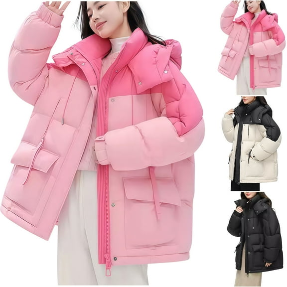 Bovxnpu Women's Winter Puffer Coat Thicken Fleece Jacket Waterproof Faux Hooded Parka Women's Fashion Casual Loose Solid Color Zipper Button Warm Jacket Tops