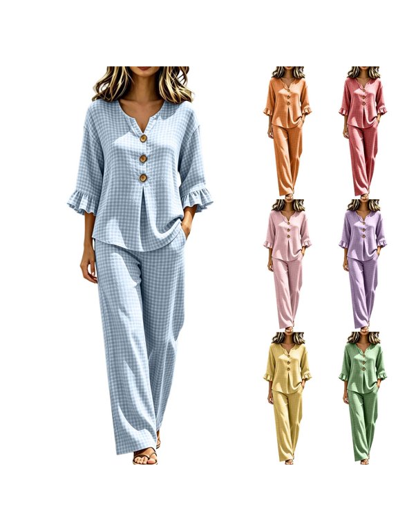 Womens 2 Piece Loungewear Sets Plaid V Neck Ruffle Long Sleeve Wide Leg Set Matching Outfits