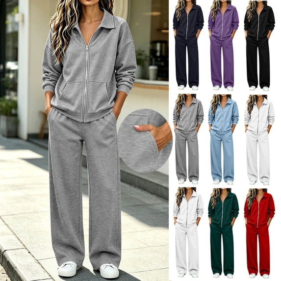 Bovxnpu Womens 2 Piece Outfits Tracksuit Sets Zip Collared Wide Leg Pants Pocket Set Matching Outfits