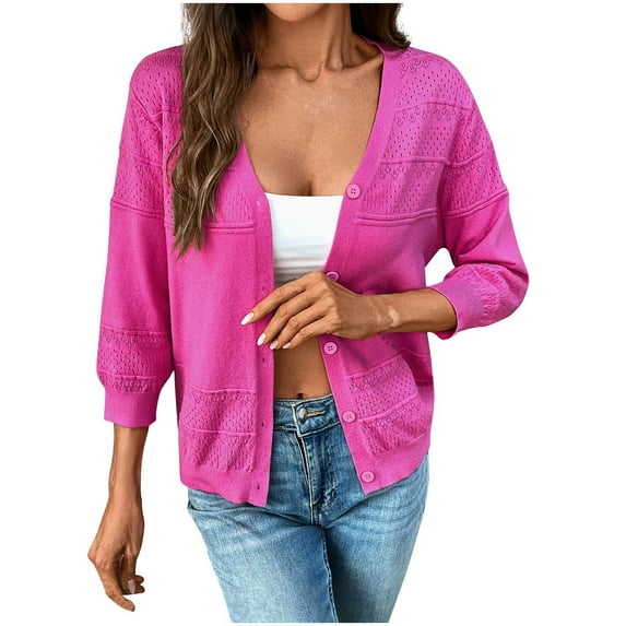 Bovxnpu Womens Cardigans Plus Size Tops, Lightweight Open Front Loose Cover Up Casual Beach Outfits, Women's Solid Color Hollow Knitted Sweater Long Sleeved Hoodless V-Neck Button Casual Outwear L