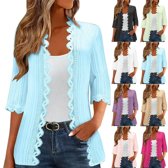 Bovxnpu Womens Cardigans Plus Size Tops, Lightweight Open Front Loose Cover Up Long Casual Beach Outfits with Pockets, Women's Casual Fashion Loose 3/4 Sleeve Lace Cardigan Tops Blouse L