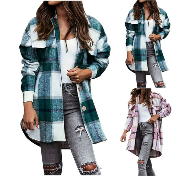 Bovxnpu Womens Cardigans Plus Size Tops, Women's Plaid Shacket Jacket Trendy Casual Button Trench Coat with Pockets, Women's Casual Loose Long Coat Long Sleeve Hoodless Casual Coat/Jacket M