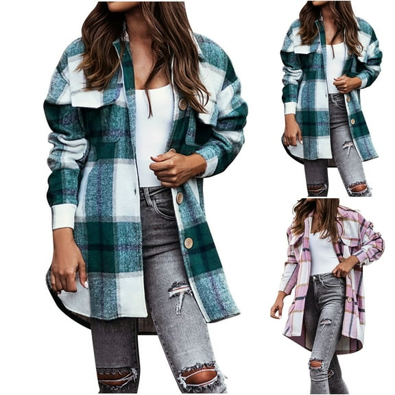 Bovxnpu Womens Cardigans Plus Size Tops, Women's Plaid Shacket Jacket Trendy Casual Button Trench Coat with Pockets, Women's Casual Loose Long Coat Long Sleeve Hoodless Casual Coat/Jacket M