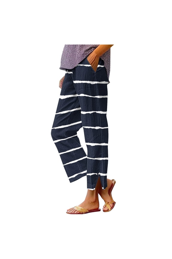 Womens Cotton Linen Pants Women's Striped Linen Like Pants Button Hem Side Split with Pocket Pants