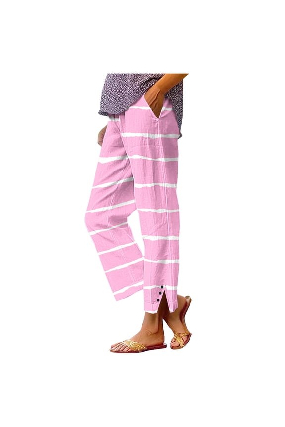 Womens Cotton Linen Pants Women's Striped Linen Like Pants Button Hem Side Split with Pocket Pants