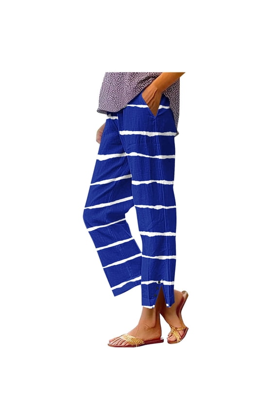Womens Cotton Linen Pants Women's Striped Linen Like Pants Button Hem Side Split with Pocket Pants