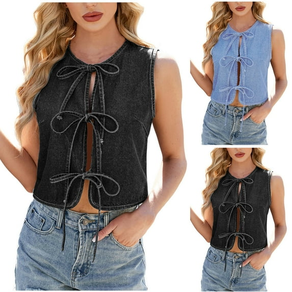 Bovxnpu Womens Denim Vest Casual Jacket Outwear, Sleeveless Crewneck Denim Top Retro Tie Up Front Jean Vest, Women's Fashion Casual Round Neck New Denim Lace-Up Sleeveless Top XL