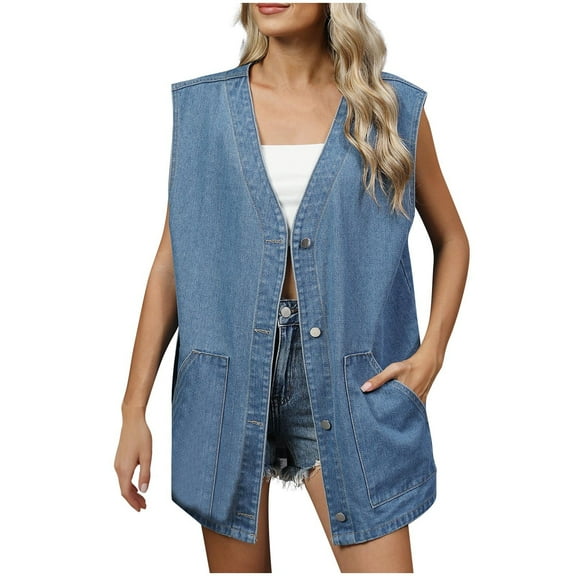 Bovxnpu Womens Denim Vest Casual Jacket Outwear, Sleeveless Strechy Jean Vest Top Button Down Casual Summer Waistcoat, Women's Sleeveless Hoodedless Button V-Neck Double Pocket Denim Outwear L