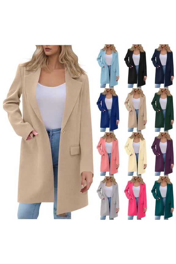 Womens Fleece Jacket Long Sleeve Zip Up Coat Lapel Blazers Work Office Suit Jackets Blazer Women's Solid Color Pocket Button Long Sleeve Collared Long Cardigan Blazer Outerwear