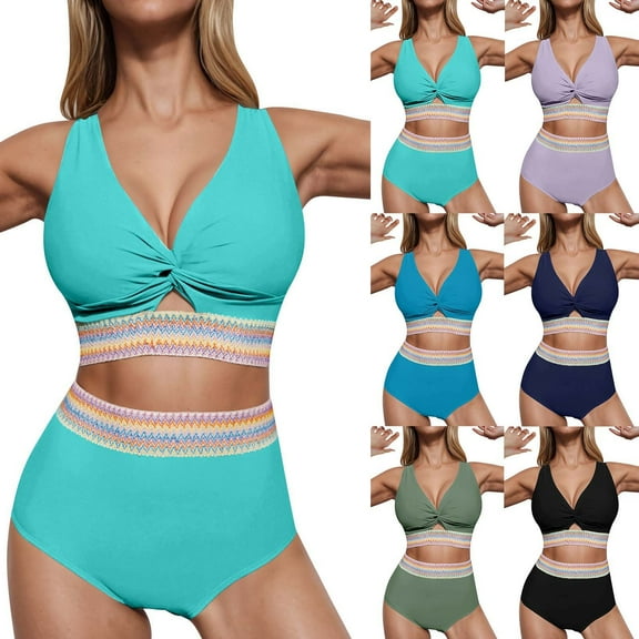 Bovxnpu Womens High Waisted Bikini Set Sporty 2 Piece Swimsuits Bathing Suits, Swimwear Women Swimsuits Bikinis Set High Waisted 2 Piece Knot Cut Out Swimsuit Ladies Summer Swimwear Beach Vacation