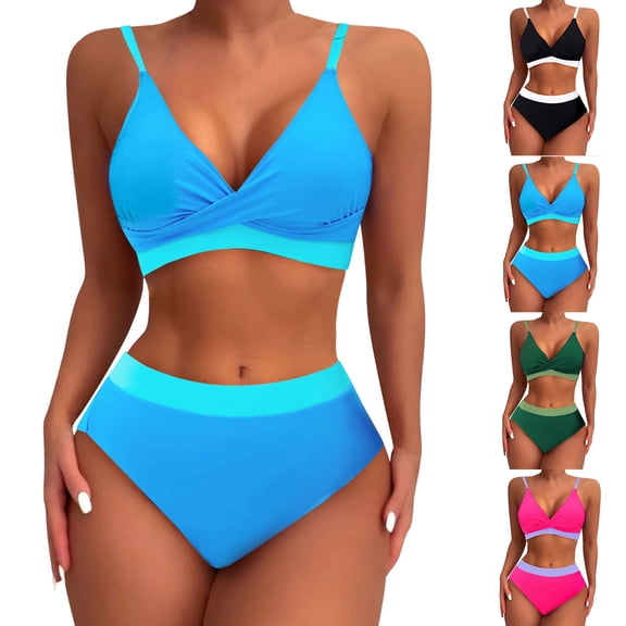 Bovxnpu Womens High Waisted Bikini Set Sporty 2 Piece Swimsuits Bathing Suits, Women Sloid Strappy Back Set 2 Piece Swimsuits Swimdress Swimwear Ladies Summer Swimwear Beach Vacation