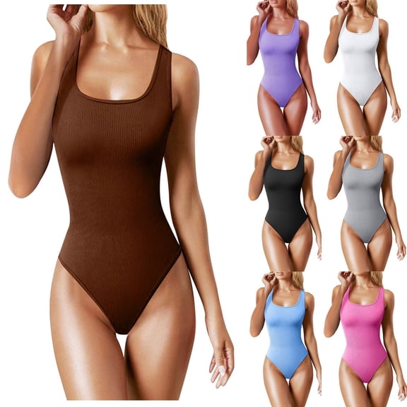 Bovxnpu Womens Jumpsuits Shorts Rompers Workout One Piece Bodysuits Jumpsuit Yoga Summer Vacation Outfits Women's Threaded Low Neck Sleeveless Tank Top Skinny Bodysuit