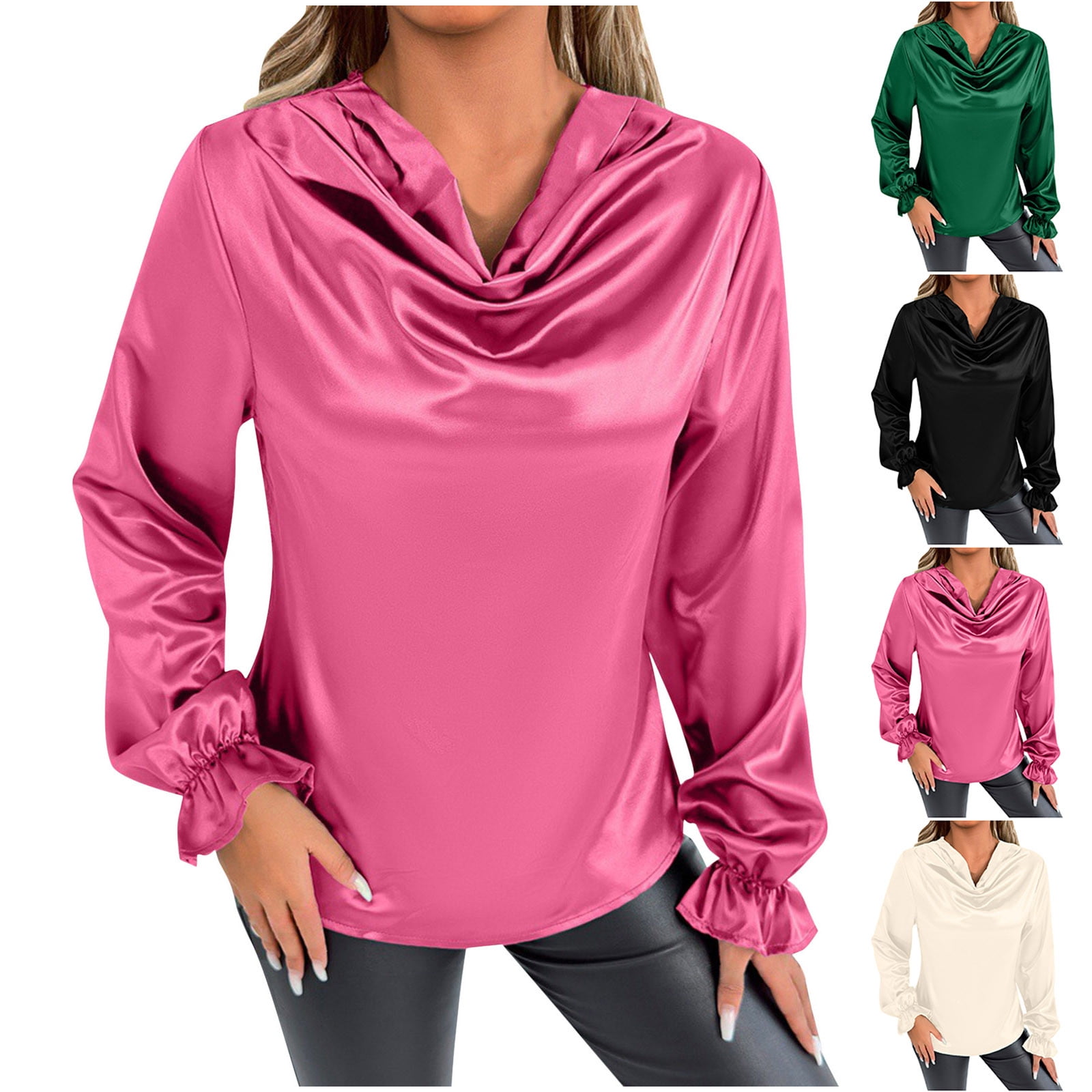 Bovxnpu Womens Long Sleeve Plus Size Tops, Women's Satin Silk Tops