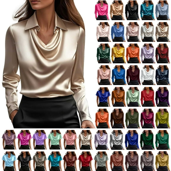 Bovxnpu Womens Long Sleeve Plus Size Tops, Women's Satin Silk Tops Dressy Blouse Long Sleeve Elegant Shirt Pullover Tops XL
