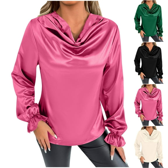 Bovxnpu Womens Long Sleeve Plus Size Tops, Women's Satin Silk Tops Dressy Blouse Long Sleeve Elegant Shirt Pullover Tops XL