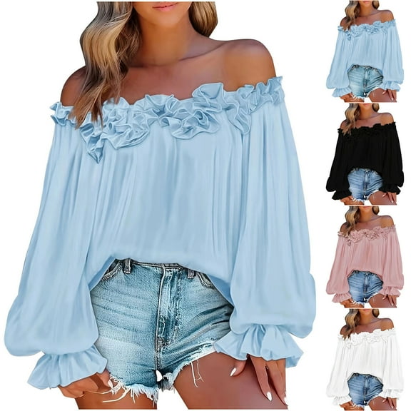 Bovxnpu Womens Long Sleeve Shirts Pullover Tops, Dressy Casual Blouses Off Shoulder Ruffle Blouses Long Sleeve Shirt Casual Loose Tops Beach Vacation XXXL