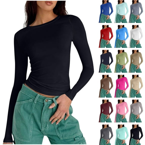 Bovxnpu Womens Long Sleeve Tops Fall Clothes, Women's Classic-Fit Lightweight Long-Sleeve Crew Neck Shirt Tops L