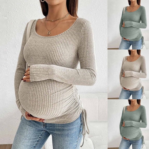 Bovxnpu Womens Maternity Shirts Maternity Long Sleeve Ribbed Drawstring Casual Top Sleepwear