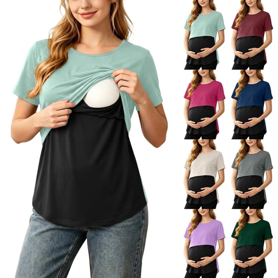 Bovxnpu Womens Maternity Shirts Maternity Nursing Short Sleeve Striped Colorblock Top Sleepwear