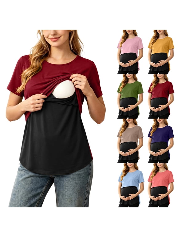 Womens Maternity Shirts Maternity Nursing Short Sleeve Striped Colorblock Top Sleepwear
