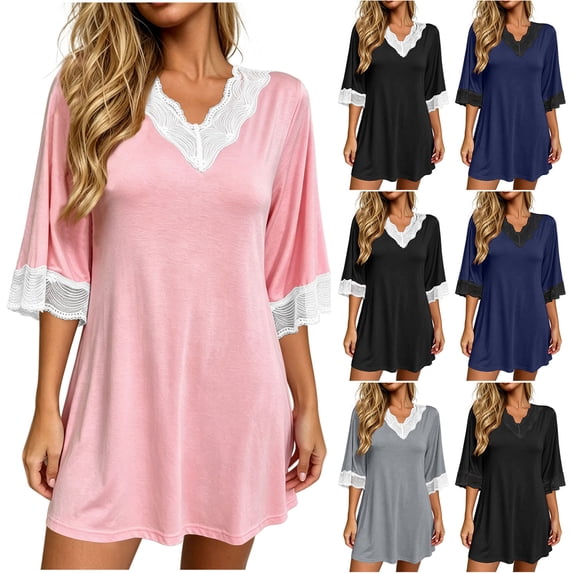 Bovxnpu Womens Nightgowns Sleepshirts Nightshirts Pajama Dress V Neck Lace Loose 3/4 Sleeve Sleep Dress Sleepwear